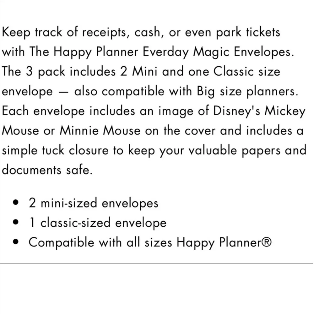 The Happy Planner Mickey and Minnie Mouse Snap In Envelopes EVERYDAY MAGIC.